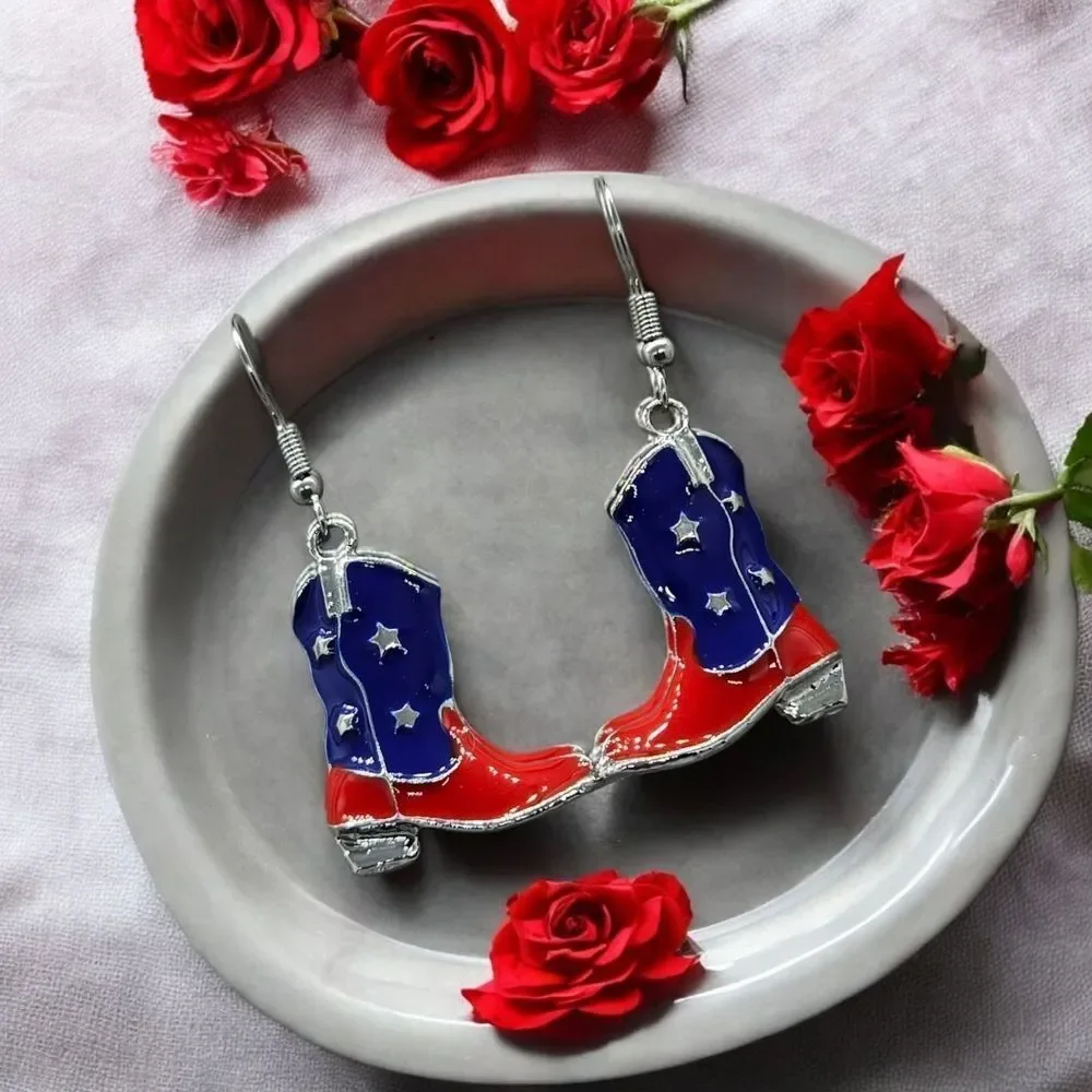 Cowboy Boot Earrings Red Blue Patriotic Cowgirl Americana Jewelry Western Dangle